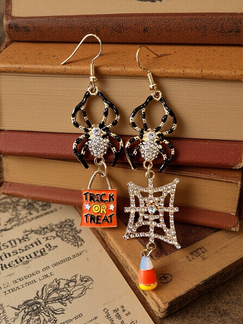 Halloween Spider Dangle Earrings - Orange & Black Drip Enamel and Rhinestones